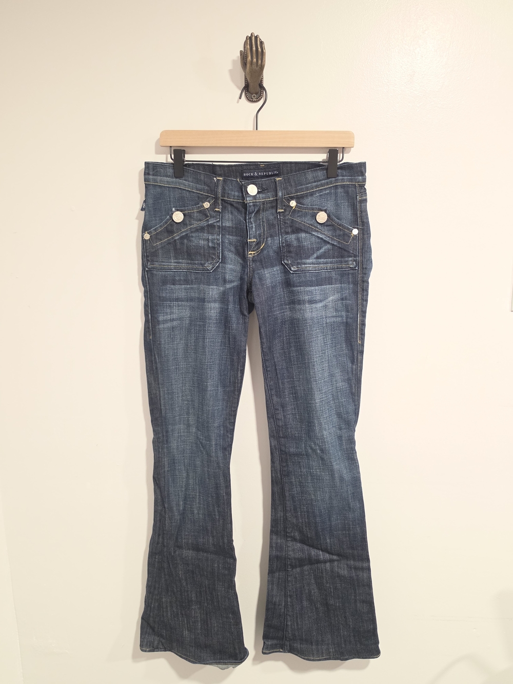 Rock & Republic Scorpio Distressed Dark Indigo Flare Jeans Women's Size 29